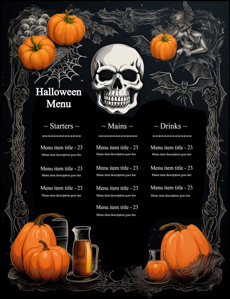 Halloween menu template with skull and pumpkins