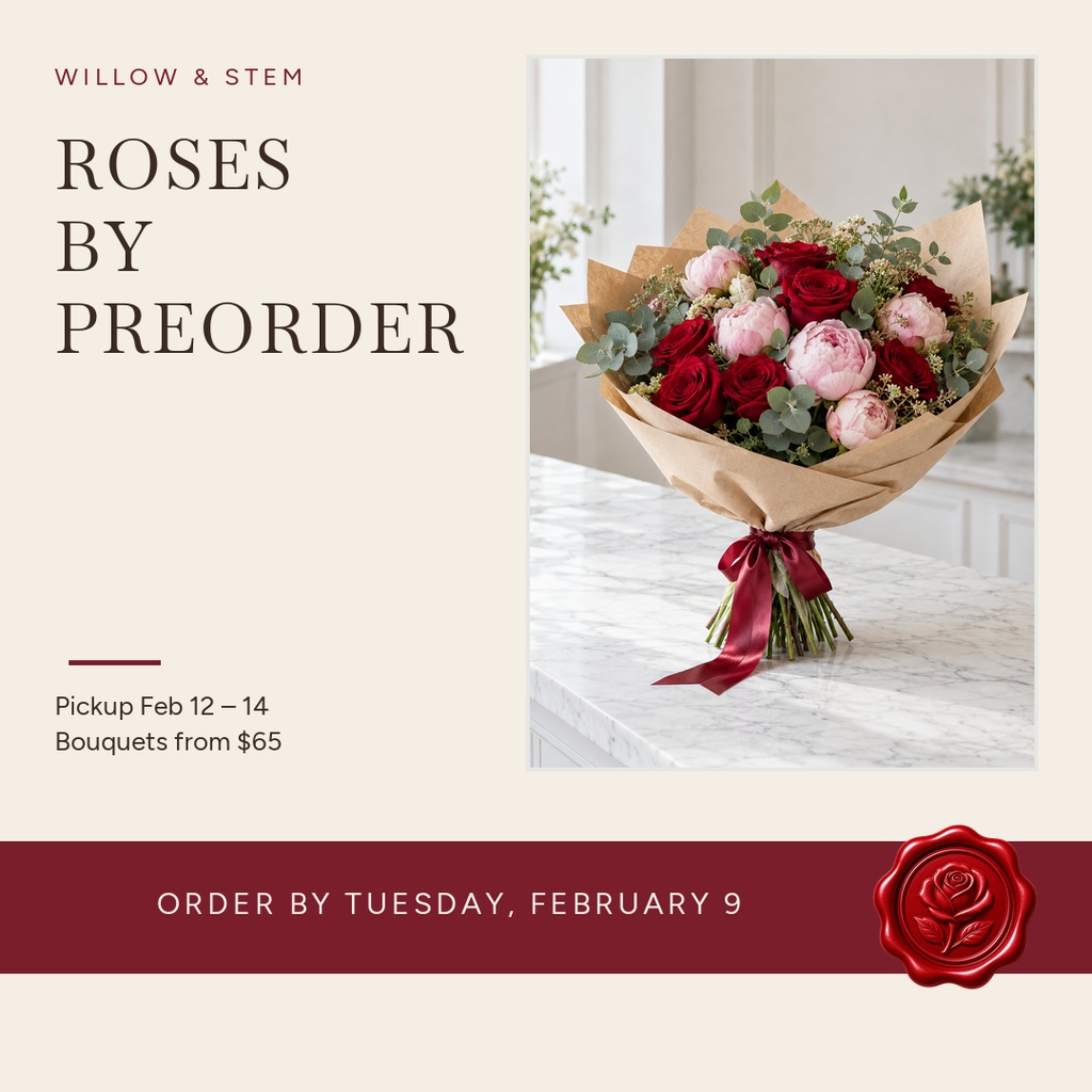Square floral promo design with a bouquet of red and pink roses and preorder sale text.