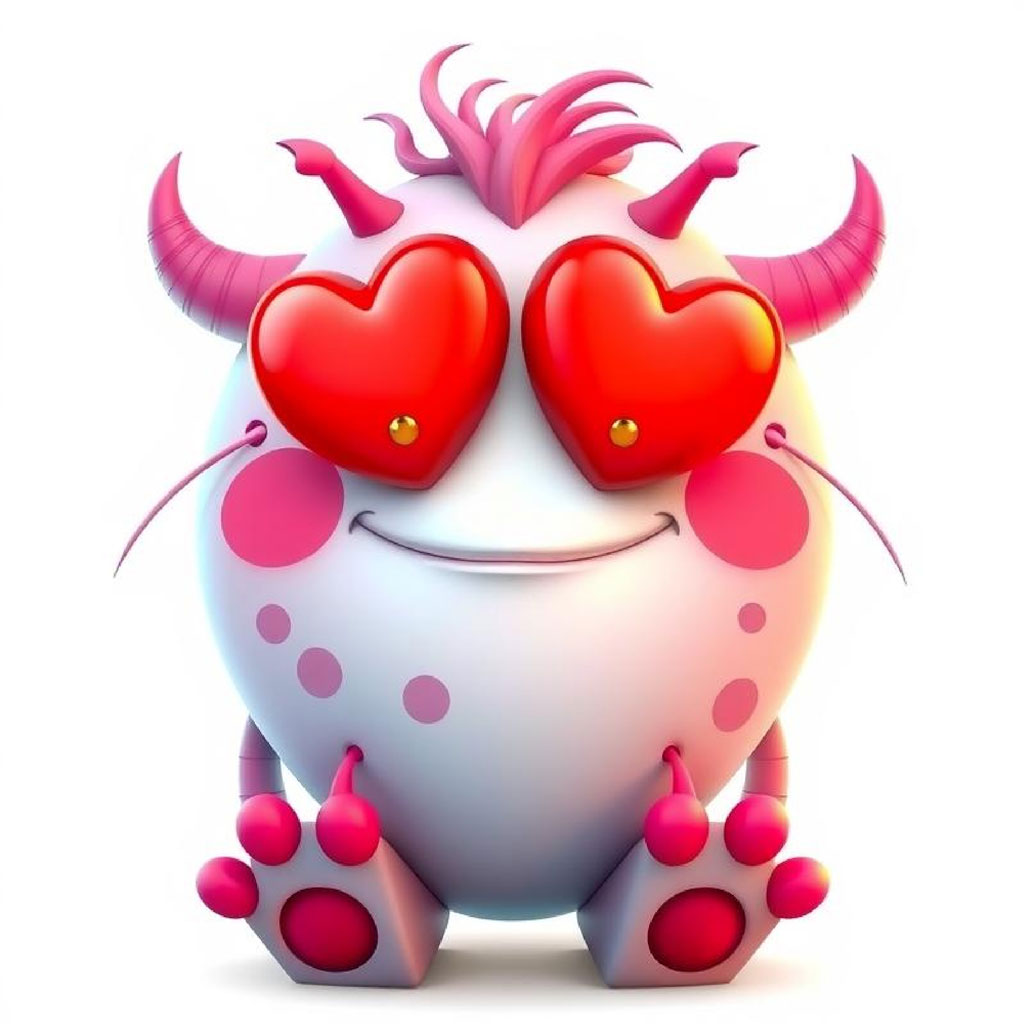 A white cartoon monster with pink spots, heart-shaped eyes, and pink horns.