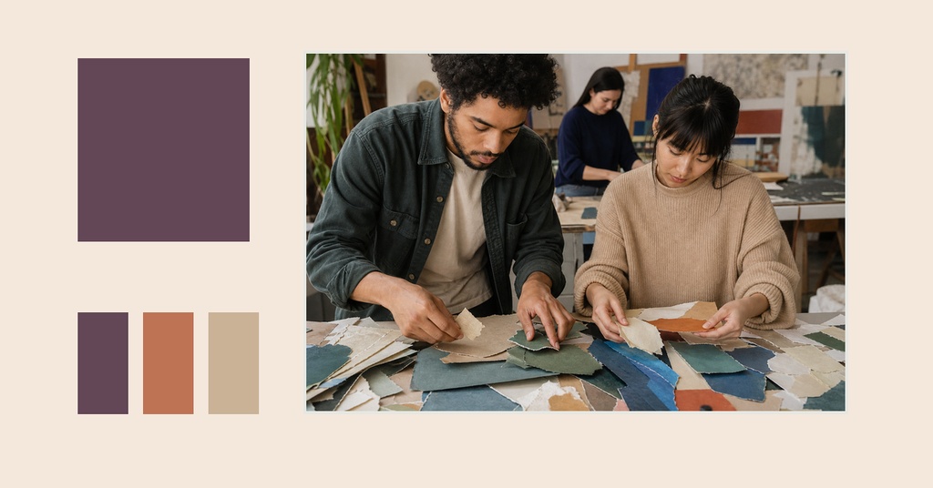 Two people working with paper samples beside color blocks on a beige layout.