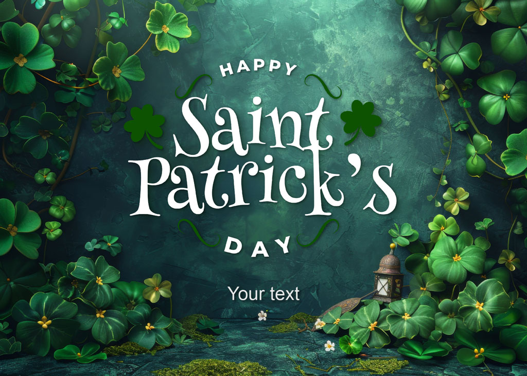 Saint Patrick's Day greeting card with shamrocks and lantern