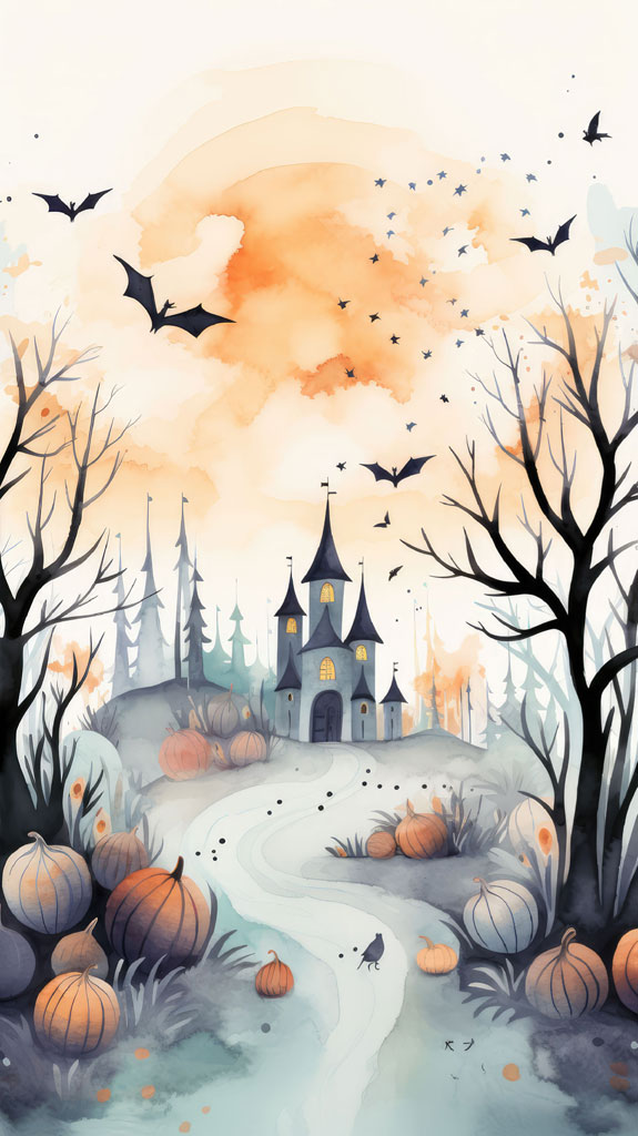 Watercolor illustration of a spooky castle with bats flying overhead and pumpkins scattered around the path leading to it.