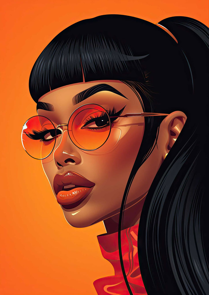Illustration of a woman with black hair and orange sunglasses