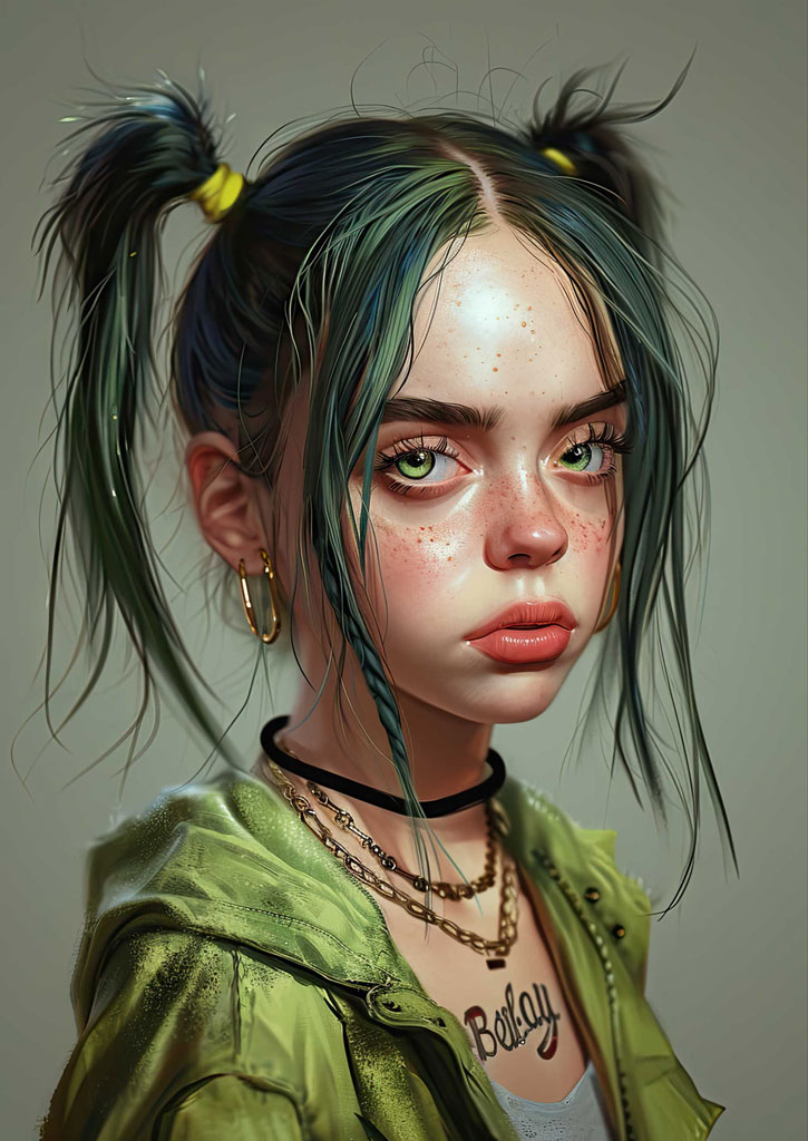 Digital art portrait of a young woman with green hair in pigtails and a green jacket.