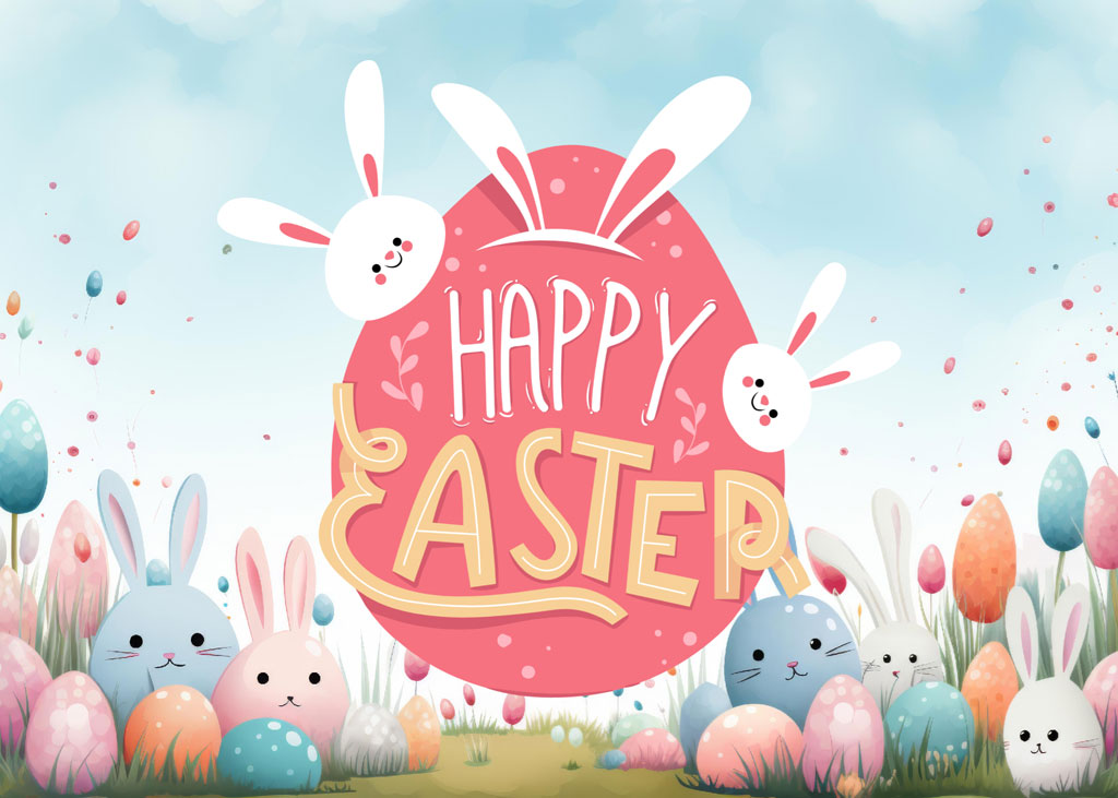 Happy Easter banner with cartoon bunnies and eggs