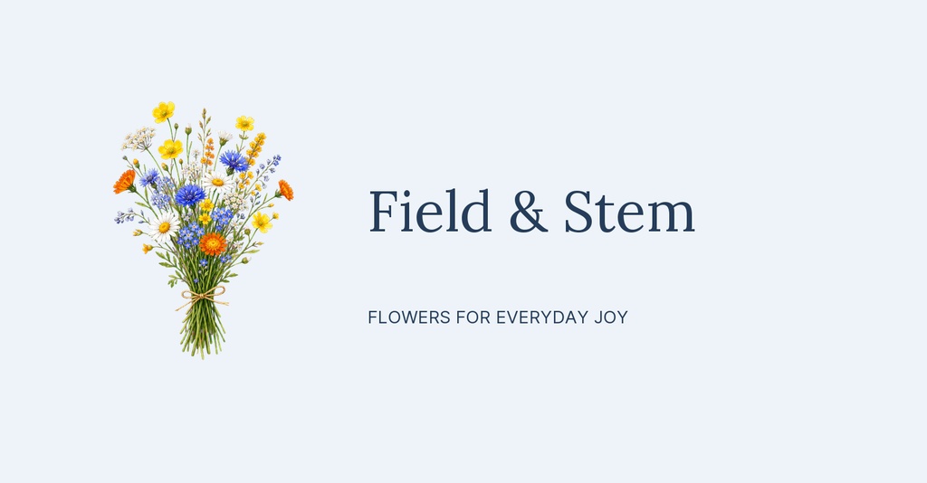 Wildflower bouquet on the left with the text Field & Stem on a pale background