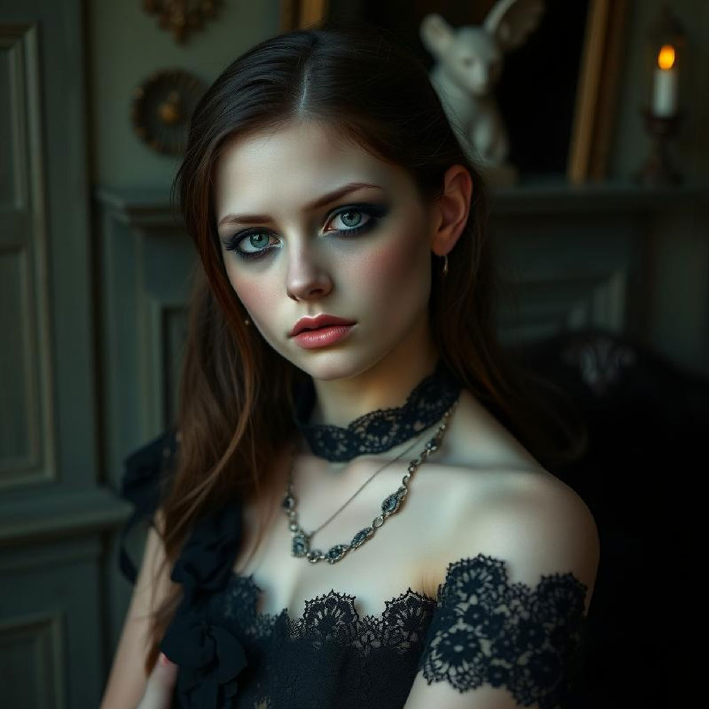 A woman in a black lace top and choker necklace stands in a dimly lit room with a white rabbit statue in the background.