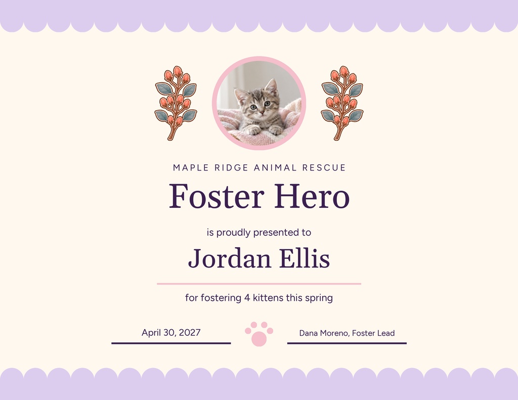 Preview for Spring Kitten Season Fosters Keepsake Certificate Template