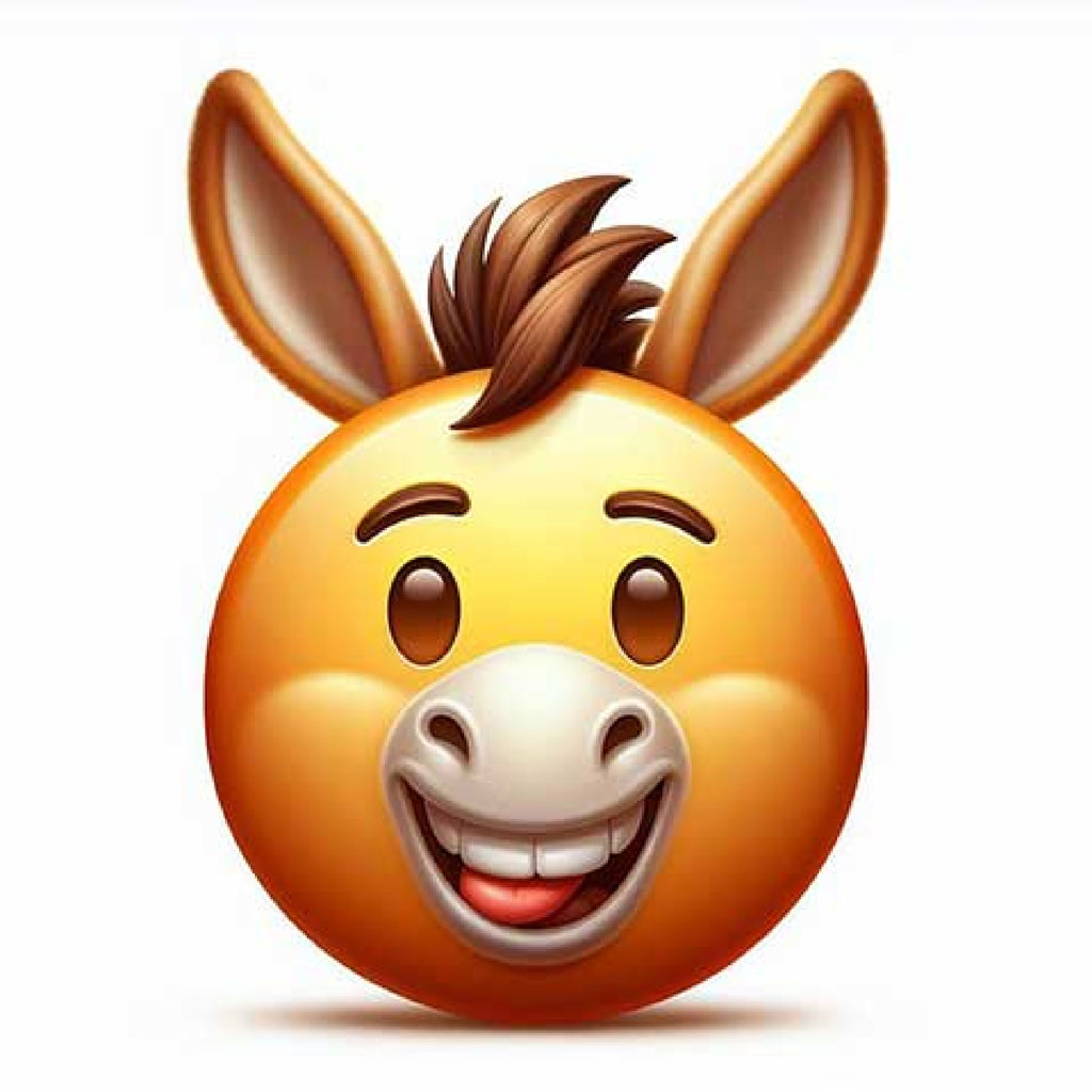 3D cartoon image of Eeyore's head with a smiling face