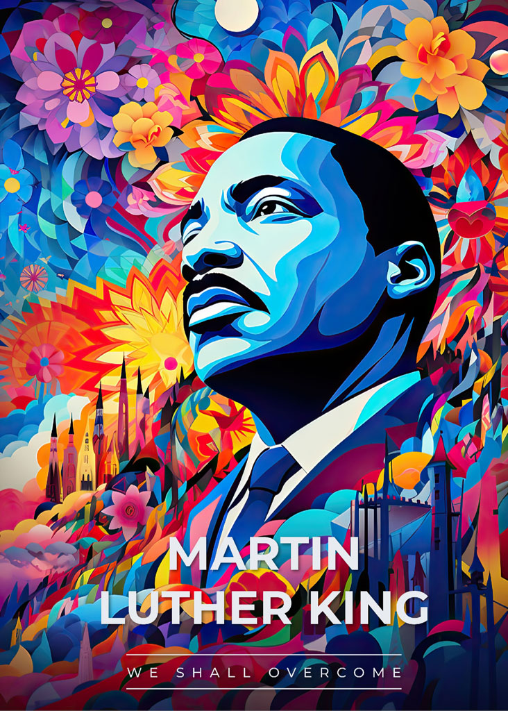 Colorful digital illustration of Martin Luther King Jr.'s face surrounded by flowers and cityscape