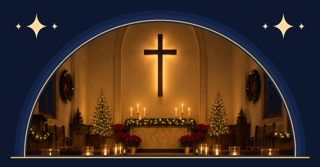 Church altar with a glowing cross, candles, wreaths, and a Christmas tree in a dark sanctuary