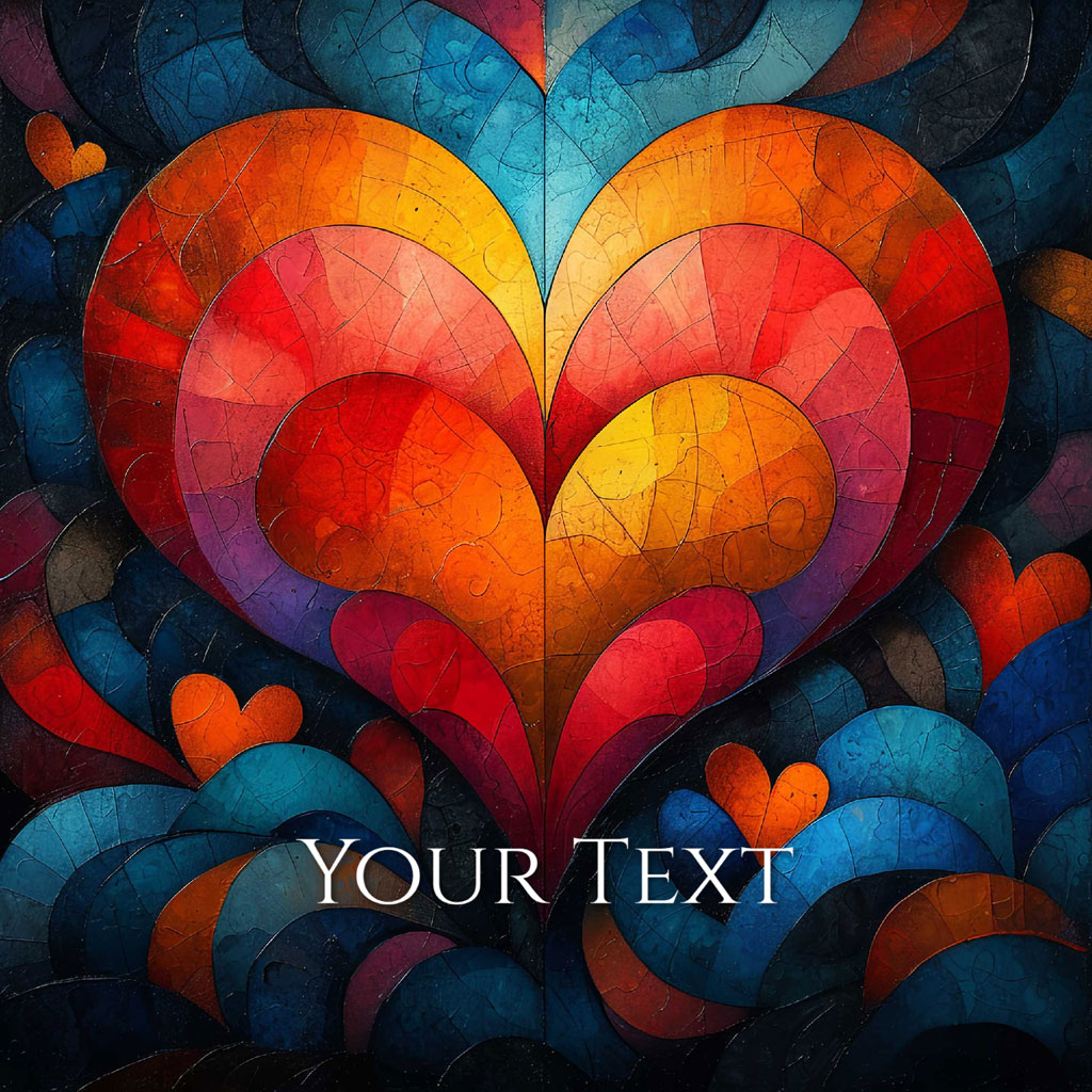 A large, multicolored heart surrounded by smaller hearts in shades of red, orange, and blue.