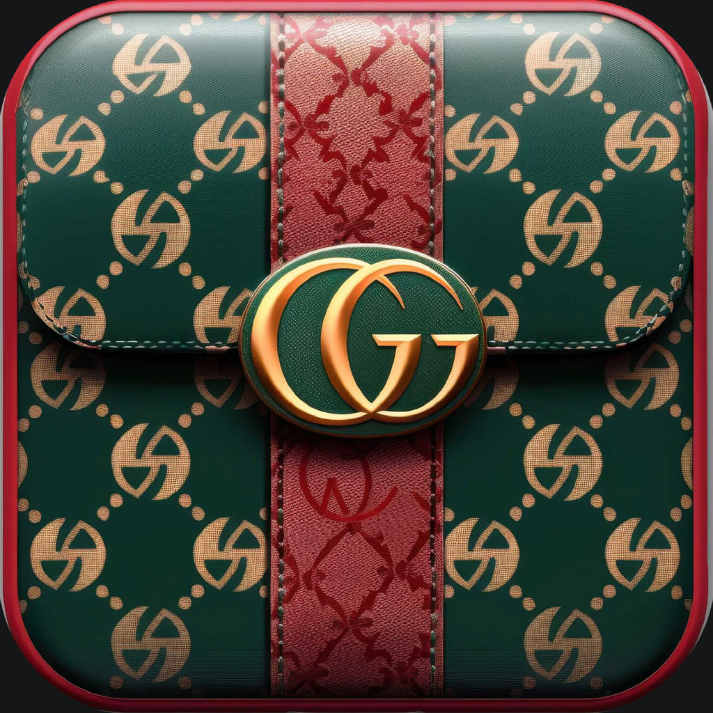 A high-end Gucci wallet with a green and gold pattern and a red stripe.