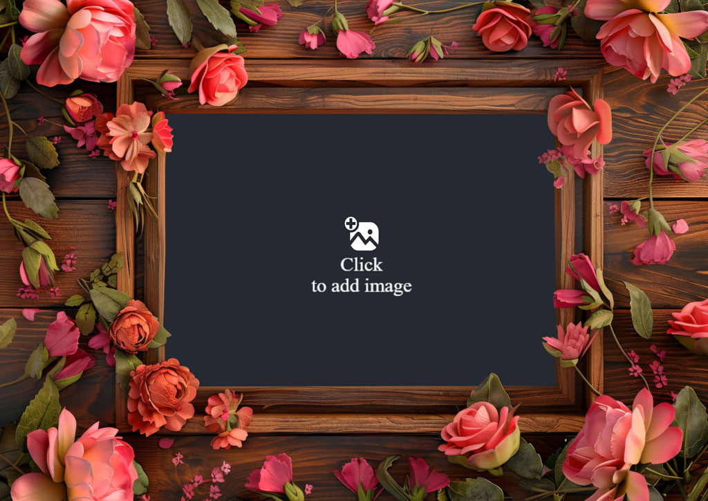 A wooden frame with pink roses and flowers around it