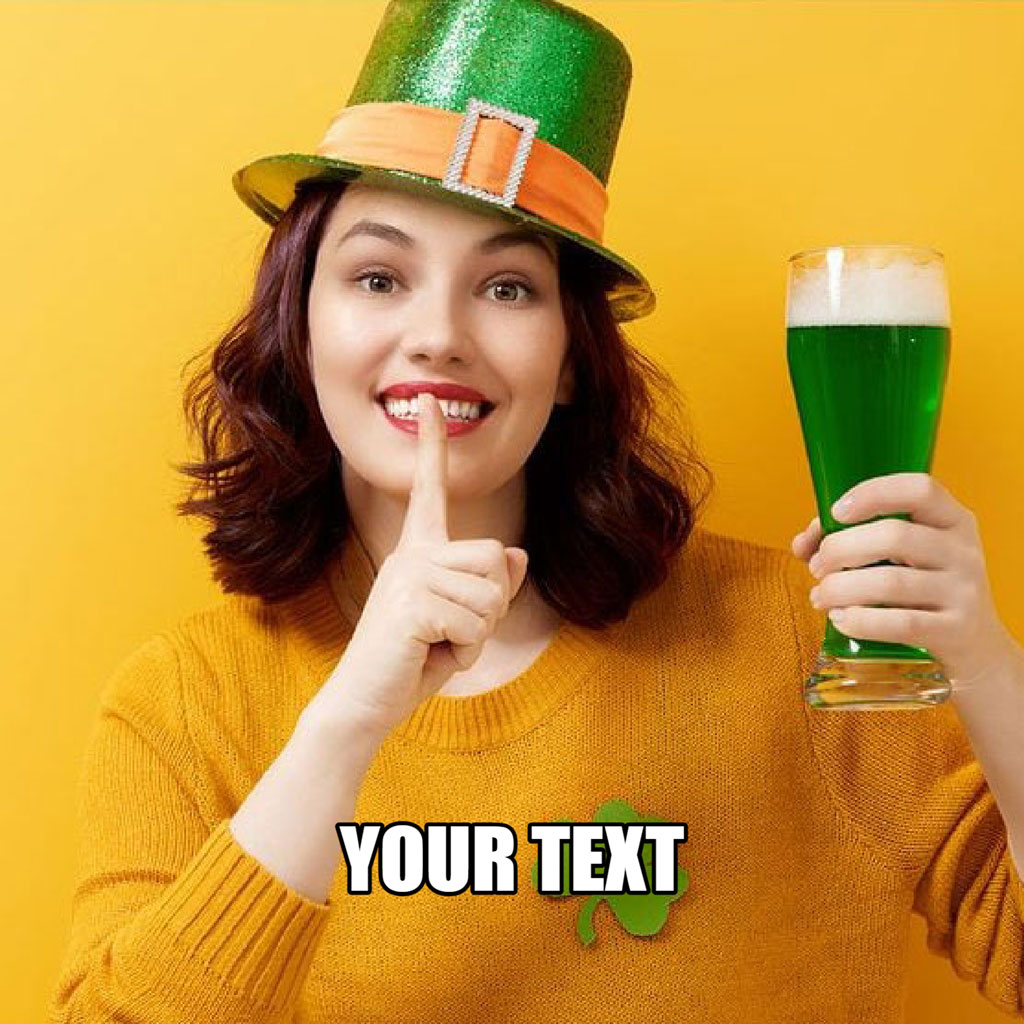 Woman in green hat and yellow sweater holding green beer
