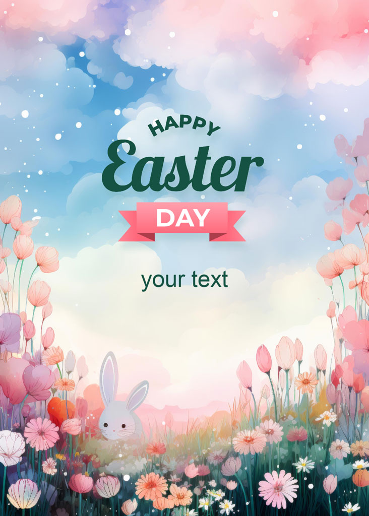 Easter greeting card with a bunny in a field of flowers