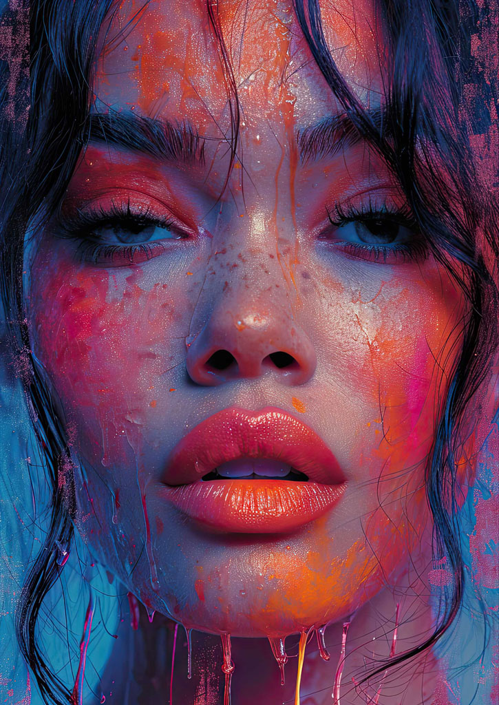 A woman's face with colorful paint dripping down