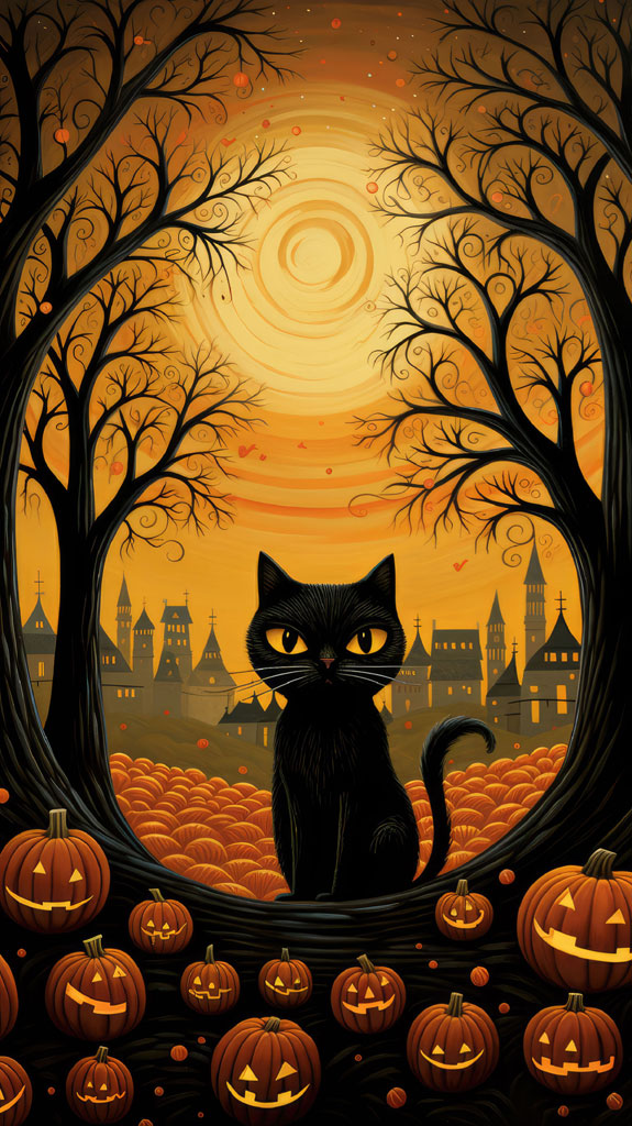 A black cat with glowing eyes sits on a tree branch surrounded by pumpkins and bare trees, with a castle in the background.