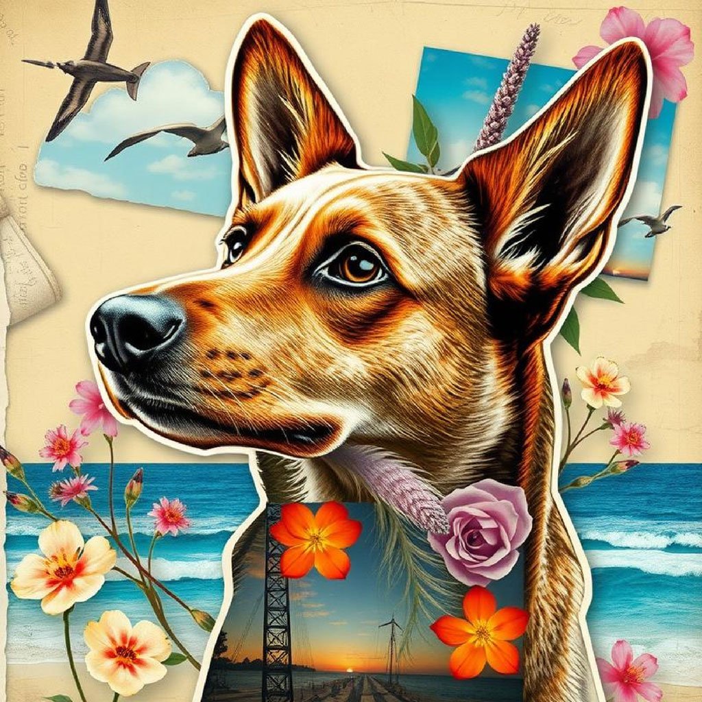 Surrealistic collage of a woman's face with flowers and a serene ocean scene