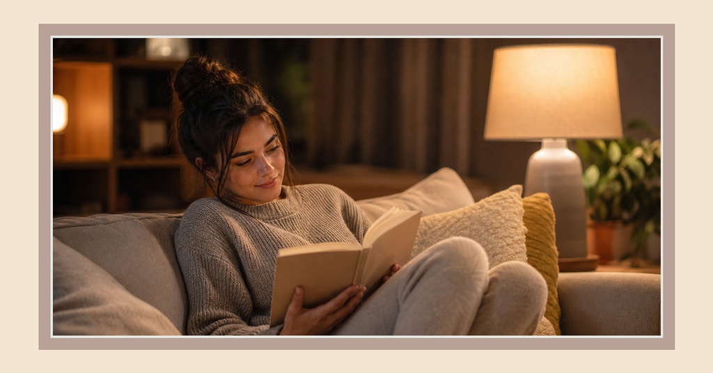 Woman reading a book on a sofa beside a glowing lamp in a cozy living room