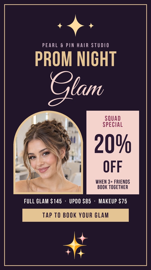 Dark purple prom night glam story with a blonde portrait, discount offer, and salon booking text.