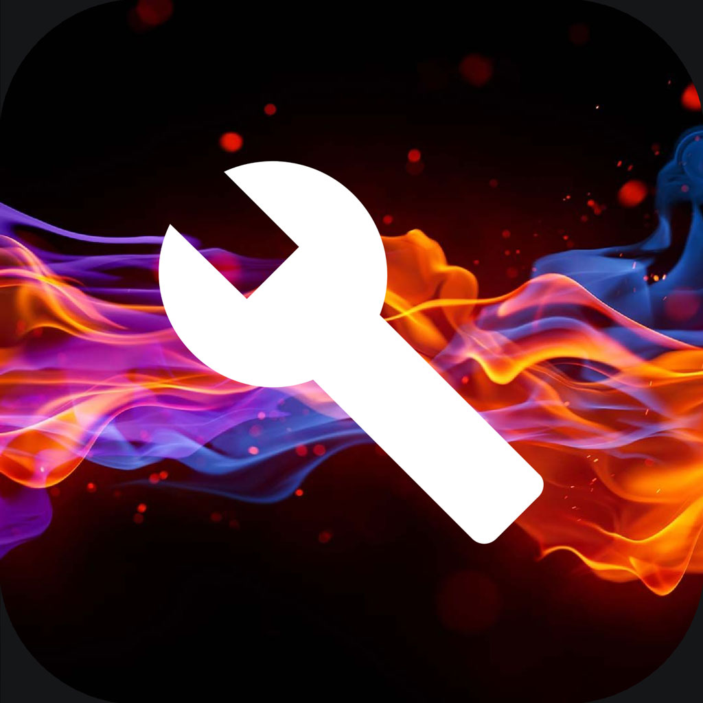 White wrench icon on a colorful, flame-like background