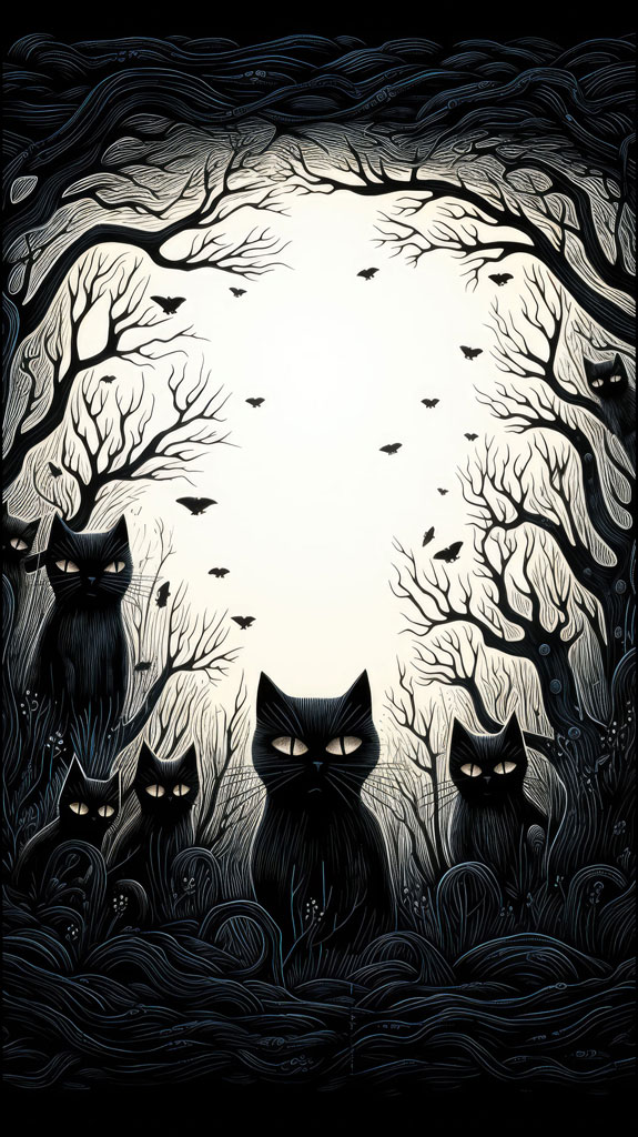 Black and white illustration of five black cats with glowing eyes in a dark forest with bare trees and bats flying around.