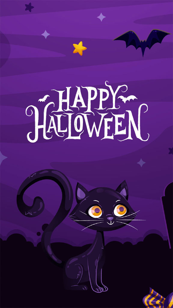 Halloween greeting card featuring a black cat and bats