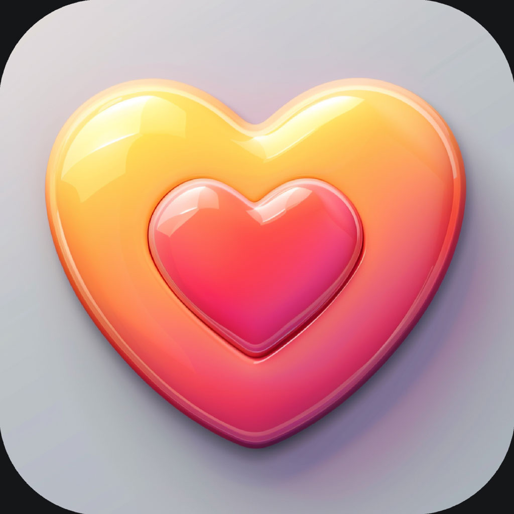 A double heart icon with a shiny appearance and gradient colors transitioning from yellow to pink.