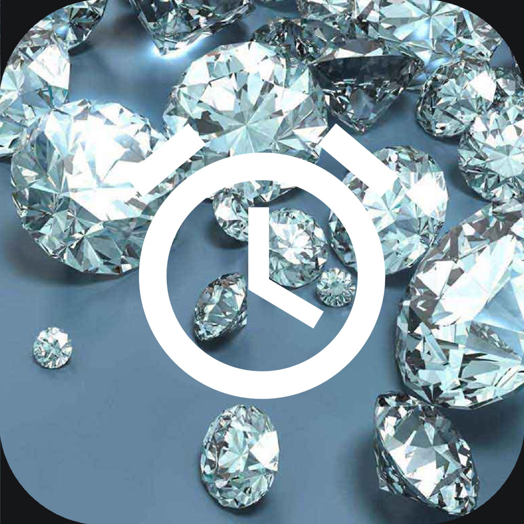 Assorted diamonds on a gray background with a clock icon overlay