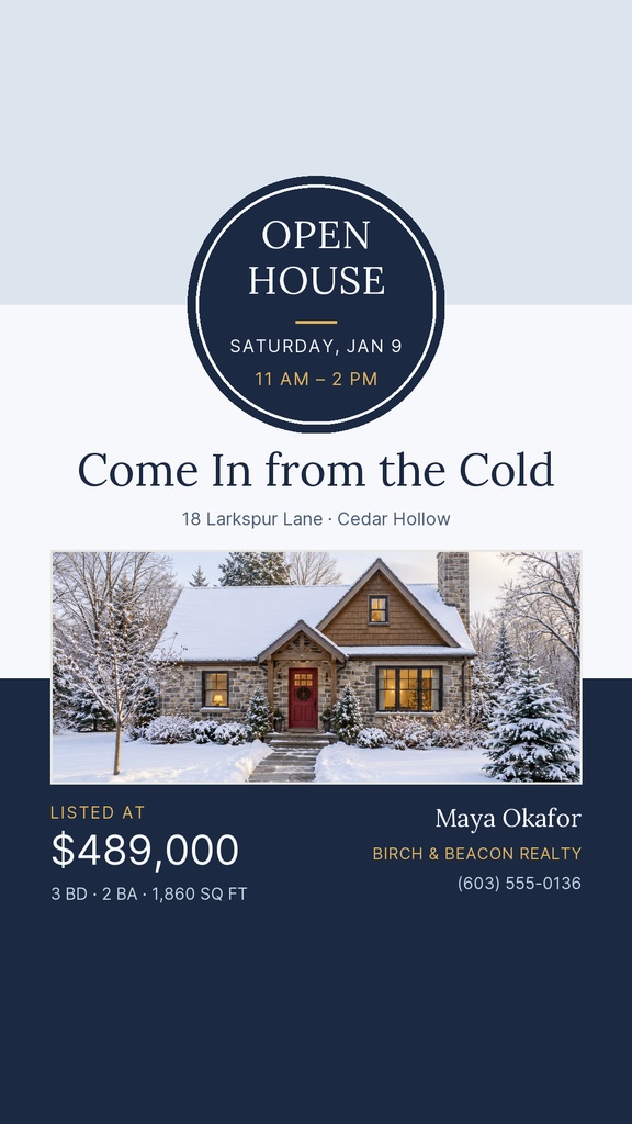 Instagram story template for a snowy open house with a house photo, price, and agent details.