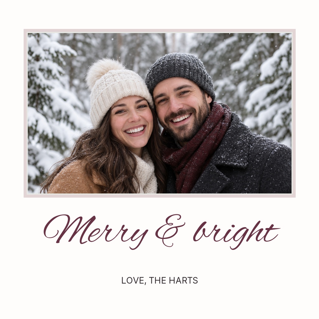 Couple smiling in winter hats and coats above Merry & Bright holiday text