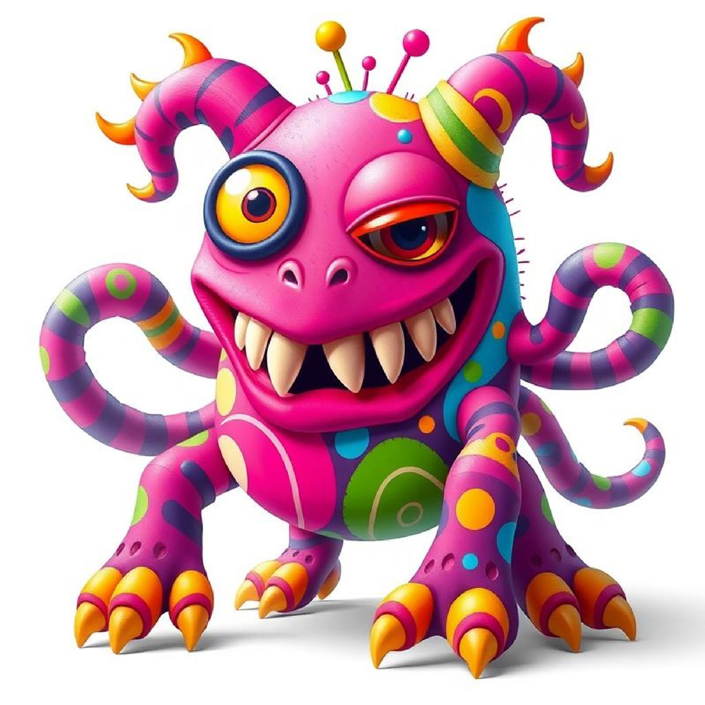 A pink monster with tentacles, large eyes, and sharp teeth.