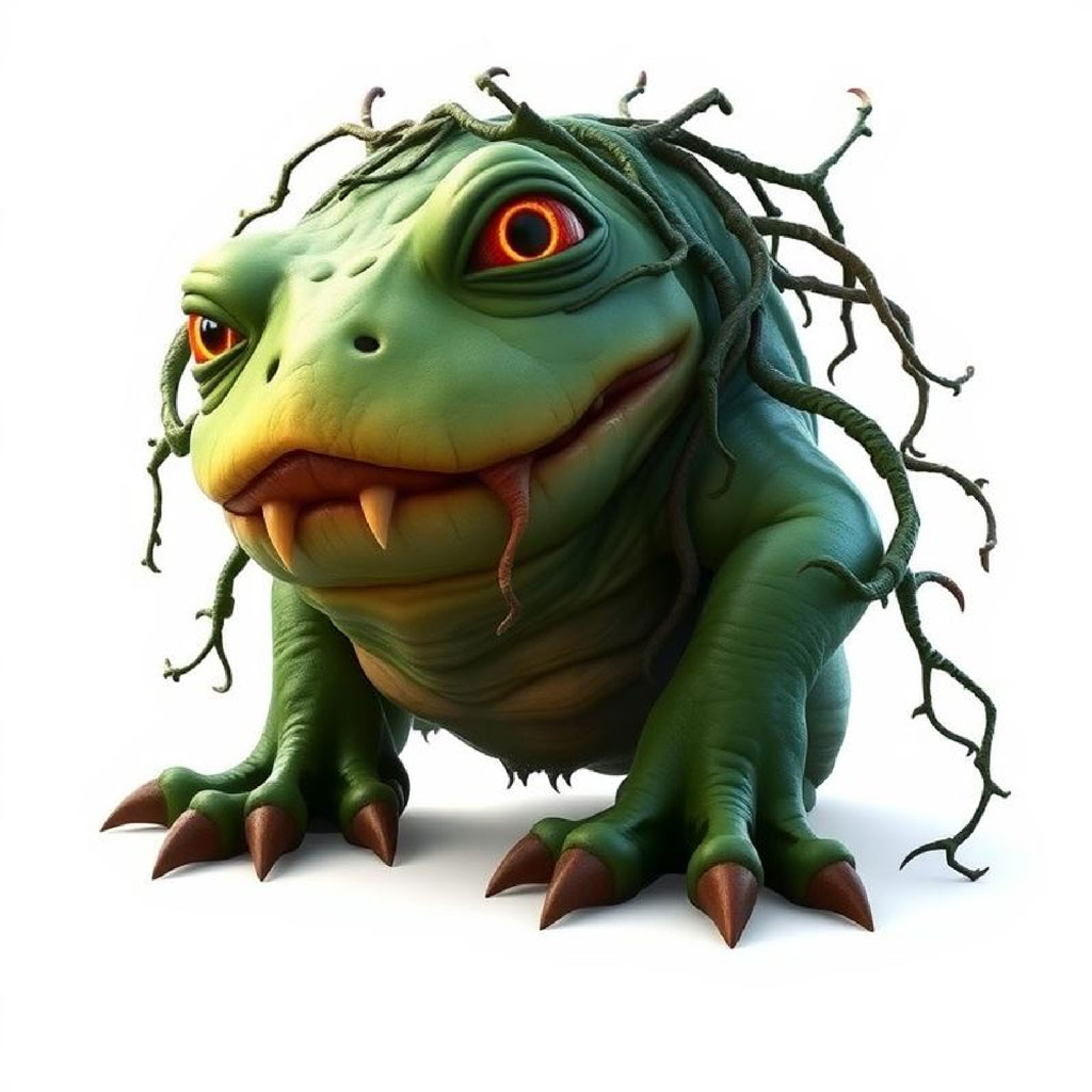 A green, digitally rendered monster with twigs in its hair and sharp claws