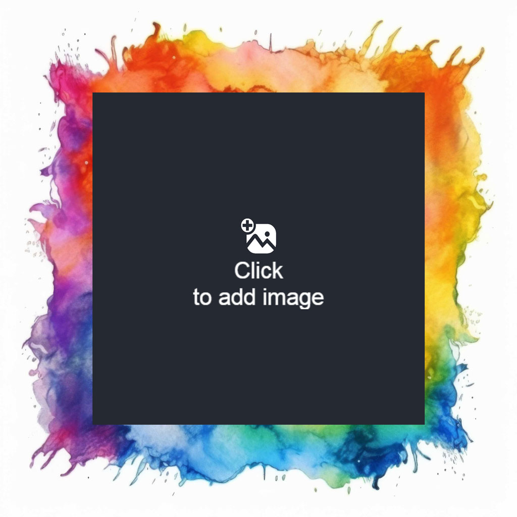 A multicolored watercolor splash with a black square in the center.