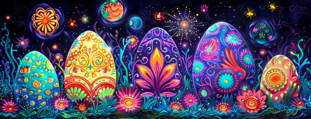 Colorful Easter eggs surrounded by neon flowers and stars
