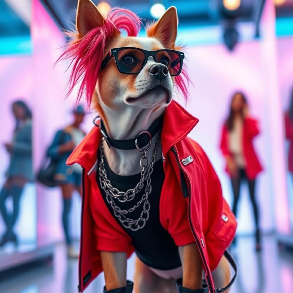 Young man with pink hair wearing an orange leather jacket and posing in a modern room with colorful screens.