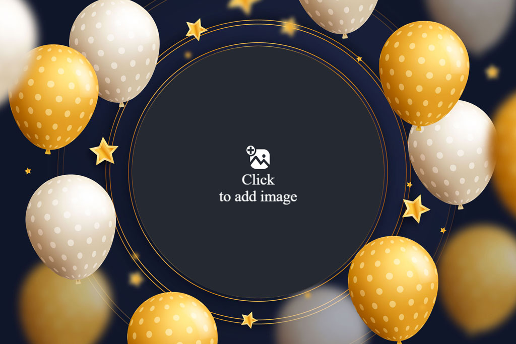 Gold and white balloons with stars around a dark circular frame