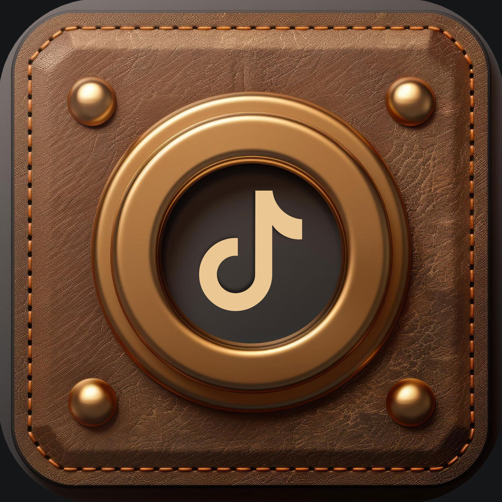 TikTok logo on a brown leather badge with gold accents