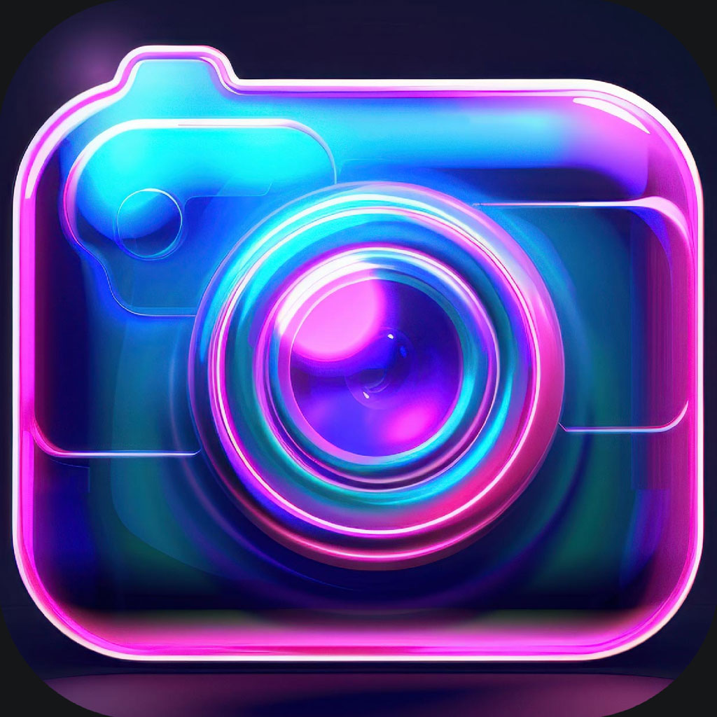 Neon camera icon with blue and pink glow