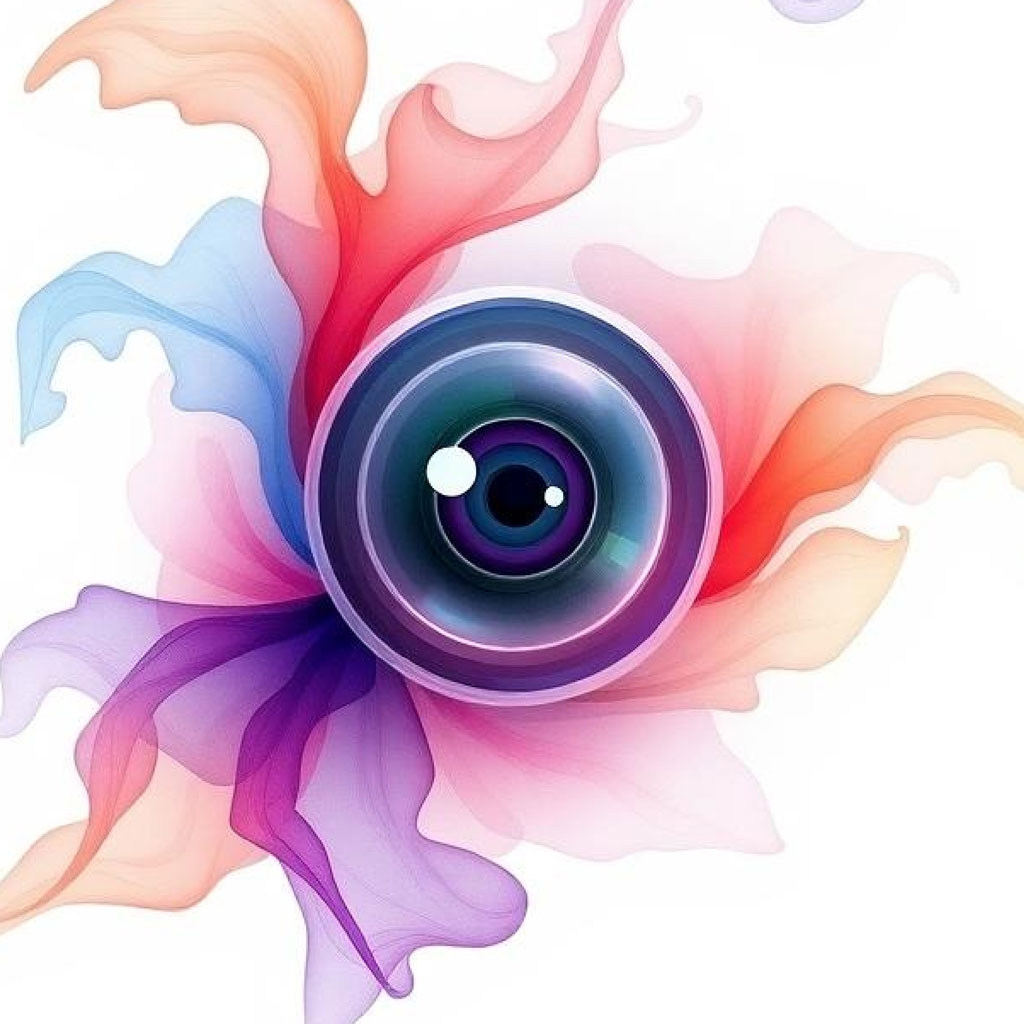 A stylized camera lens with vibrant, swirling colors around it