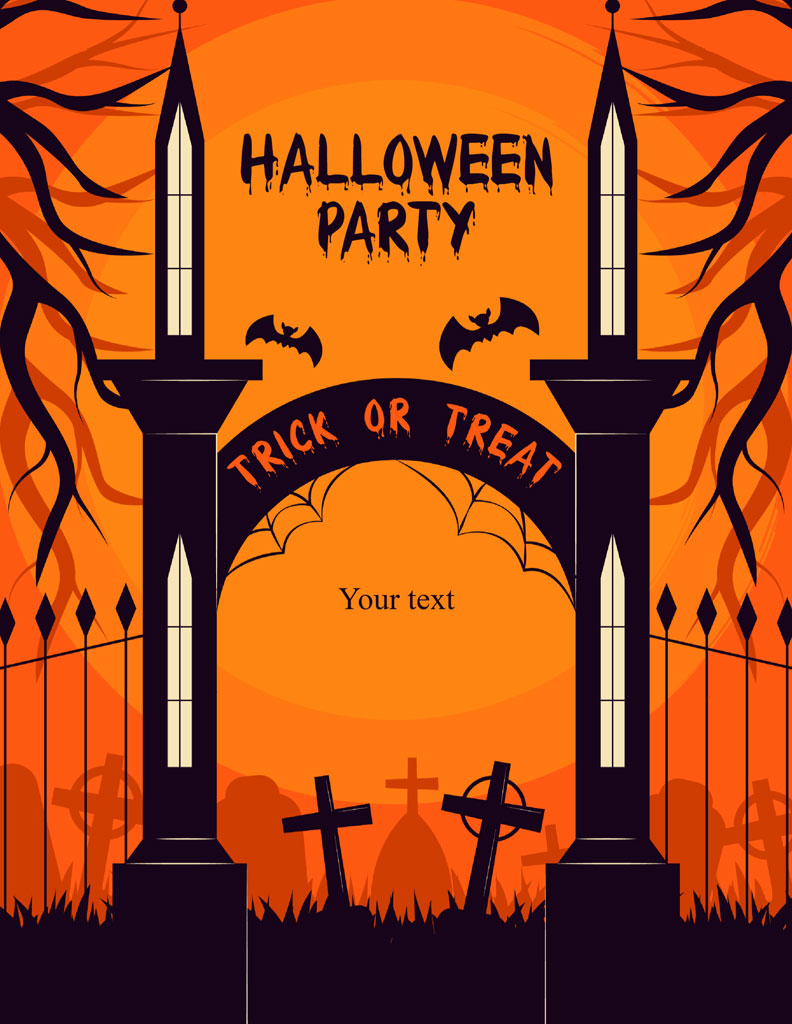 Halloween party invitation with a spooky gate and tombstones