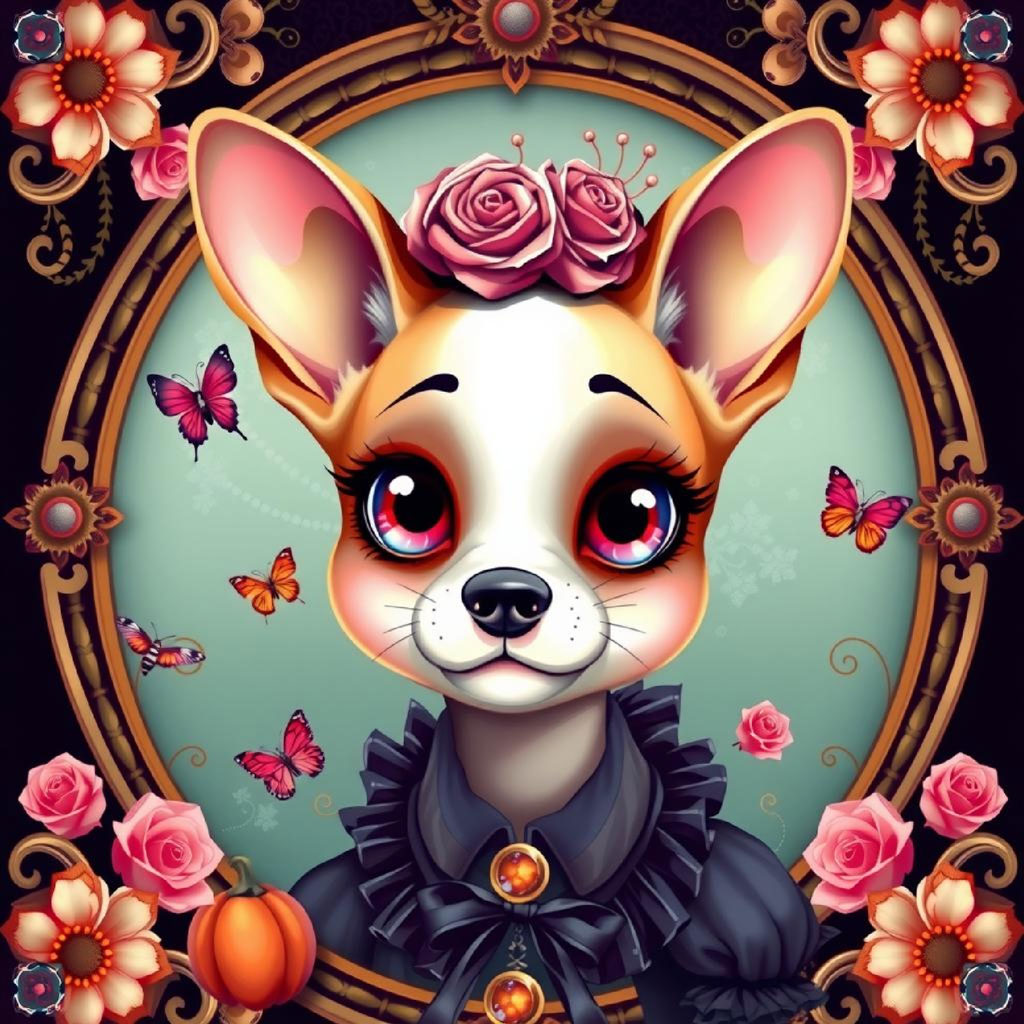 Illustration of a girl with brown hair and blue eyes, surrounded by pink roses and orange butterflies