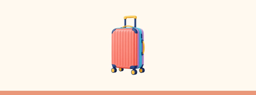 Colorful suitcase on a minimal cream background with a soft peach border at the bottom.