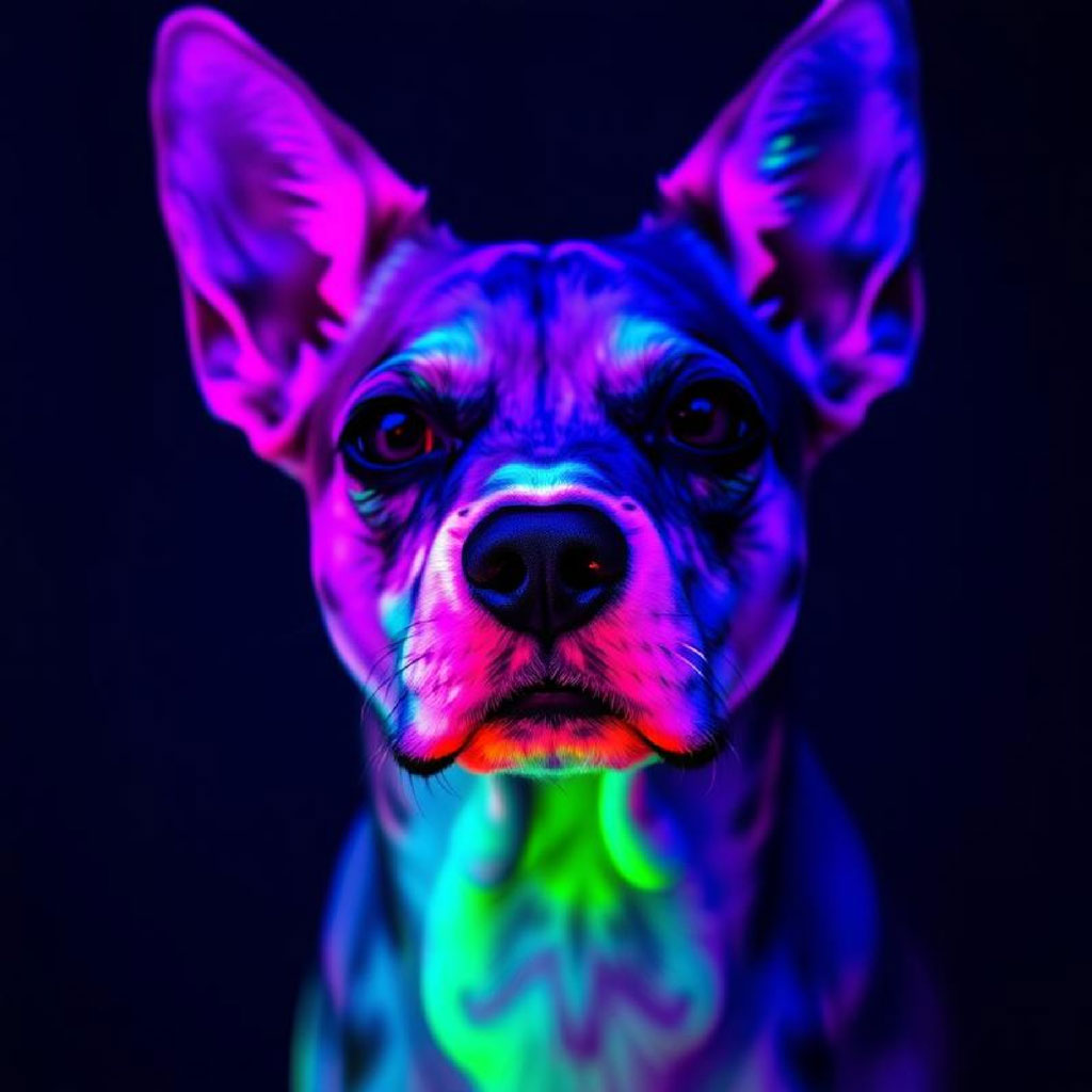 A close-up portrait of a woman with neon face paint