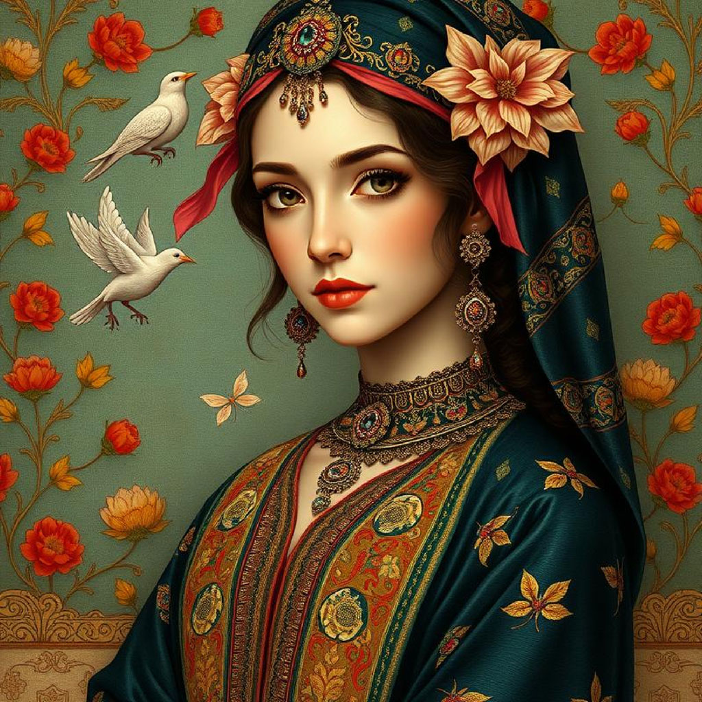 Illustration of a woman in ornate traditional clothing with flowers and birds