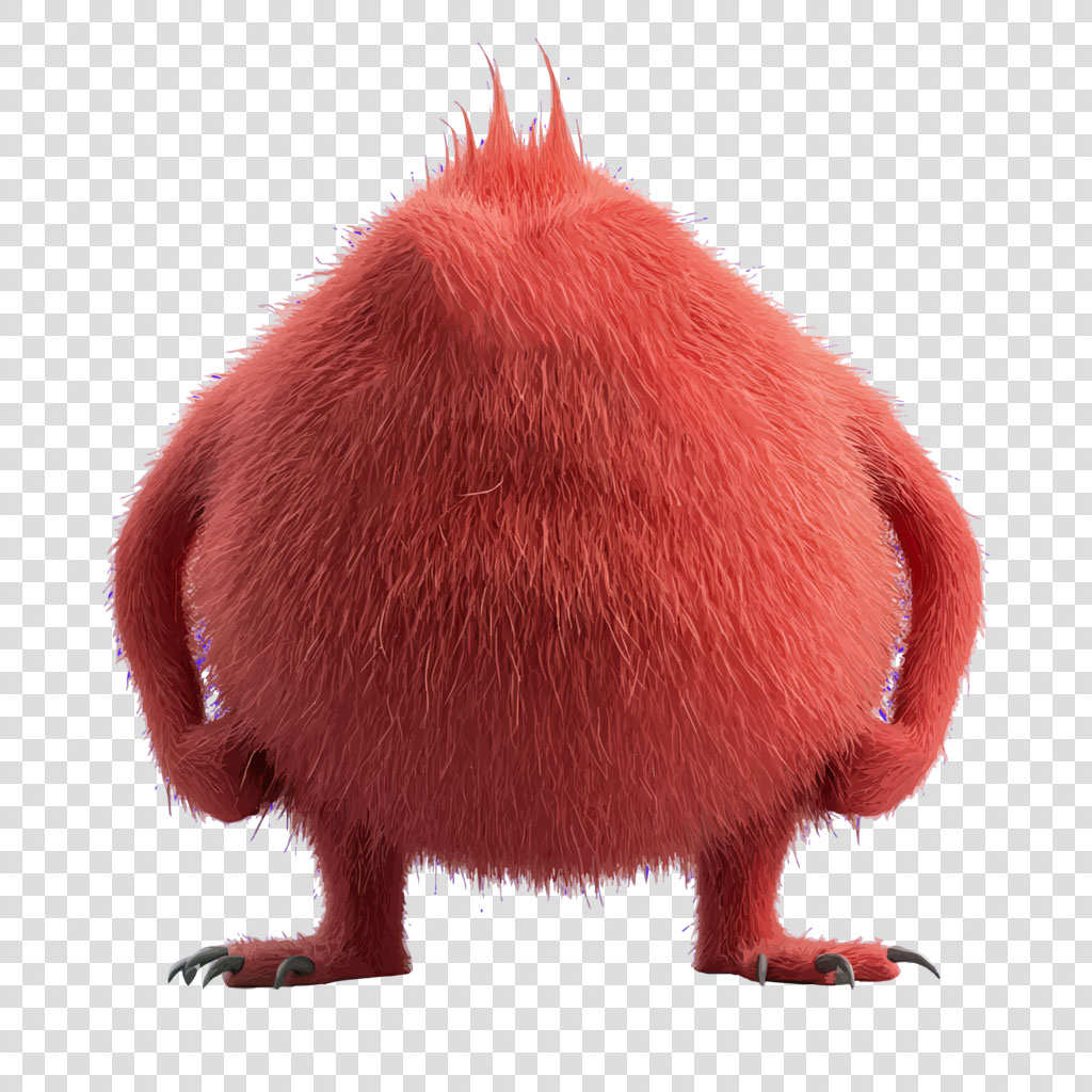A red, furry creature with sharp claws and a tuft of hair on its back, viewed from behind.