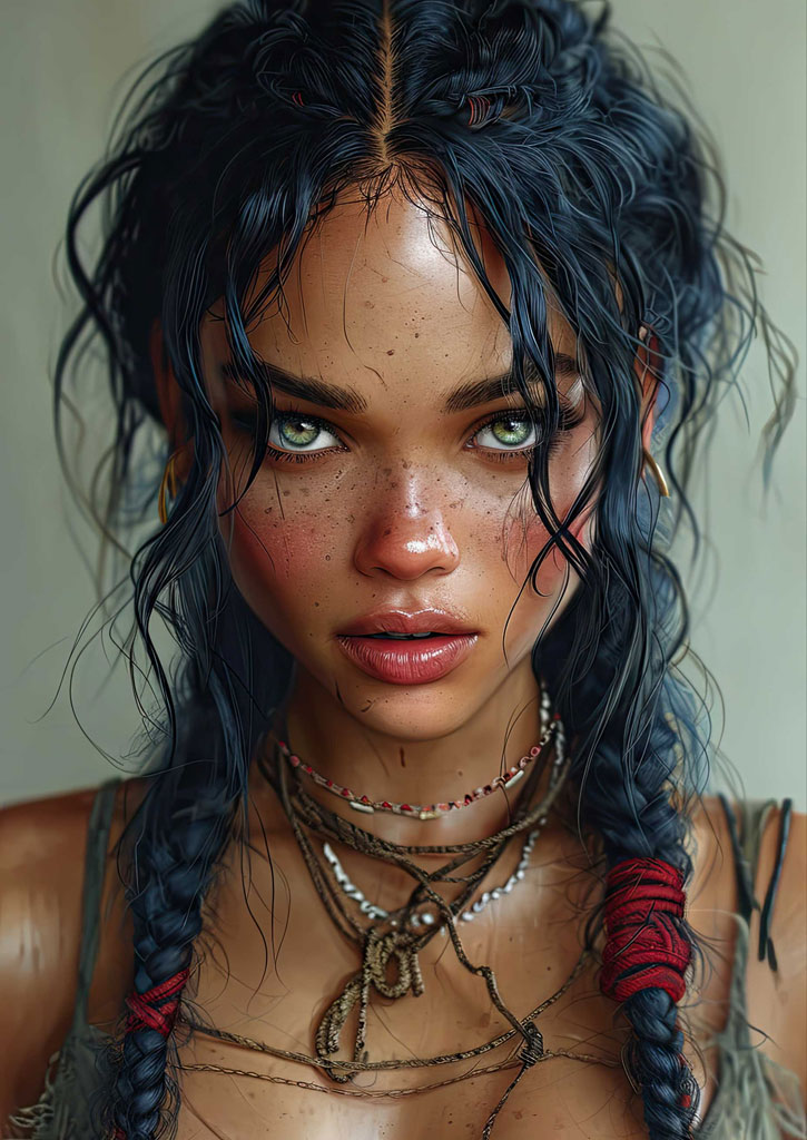 Close-up portrait of a young woman with wet, dark braided hair and multiple necklaces, looking directly at the camera with an intense gaze.