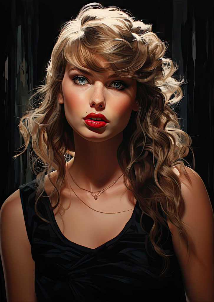 Taylor Swift portrait with blonde hair and red lips