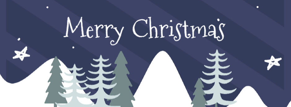 Merry Christmas illustration with snow-covered mountains and trees